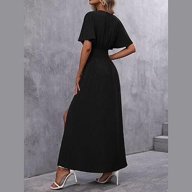 Womens Summer Maxi Dresses Flutter Short Sleeve Back Smocked Side Split Casual V Neck Flowy Sundress