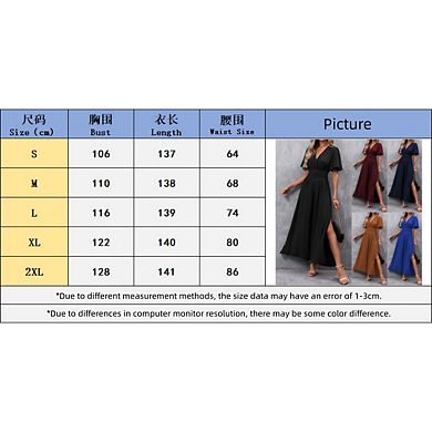 Womens Summer Maxi Dresses Flutter Short Sleeve Back Smocked Side Split Casual V Neck Flowy Sundress