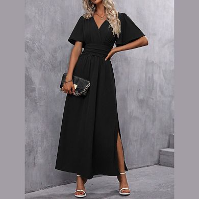 Womens Summer Maxi Dresses Flutter Short Sleeve Back Smocked Side Split Casual V Neck Flowy Sundress
