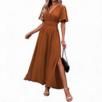 Womens Summer Maxi Dresses Flutter Short Sleeve Back Smocked Side Split Casual V Neck Flowy Sundress