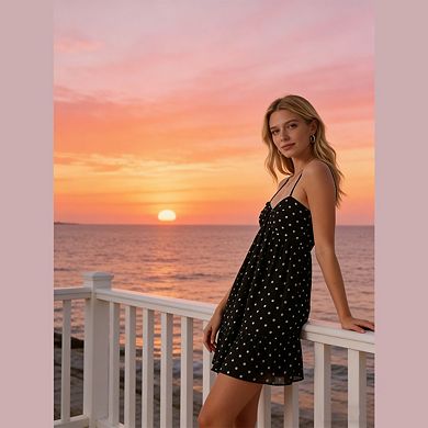 Womens Polka Dot A Line Mini Dress Mesh Ruffle Hem Elastic Backless Short Spaghetti Strap Cami Dress