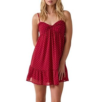 Womens Polka Dot A Line Mini Dress Mesh Ruffle Hem Elastic Backless Short Spaghetti Strap Cami Dress