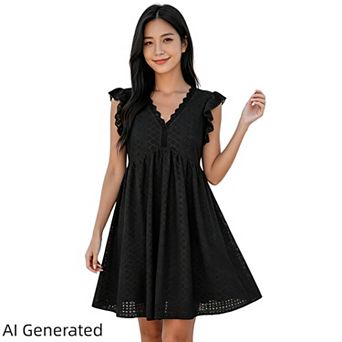 Womens Beach Mini Dress V Neck Cap Flutter Sleeve Hollow Out Summer Ruffle V Neck Flowy Sundress