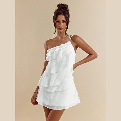 Women's Mini Dress One Shoulder Adjustable Strap Tiered Ruffle Layered Backless Vacation Sundresses