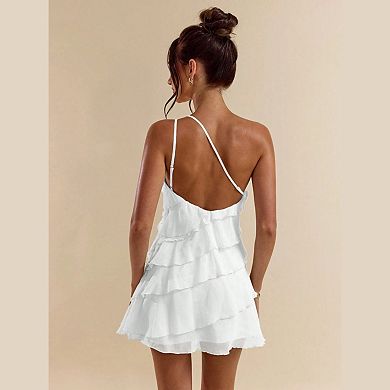 Women's Mini Dress One Shoulder Adjustable Strap Tiered Ruffle Layered Backless Vacation Sundresses
