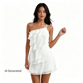 Women's Mini Dress One Shoulder Adjustable Strap Tiered Ruffle Layered Backless Vacation Sundresses