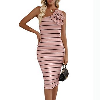 Womens Summer Maxi Bodycon Dresses Striped One Shoulder Flower Sleeveless Fashion Wrap Long Dress