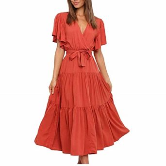 Women's Summer Maxi Dress Flutter Short Sleeve V Neck Ruffle Tiered Long Flowy A Line Belt Dresses