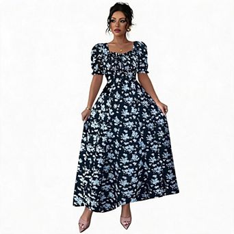 Womens Floral Maxi Dress Short Puff Sleeve Drawstring Square Neck High Rise Boho A Line Long Dresses