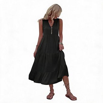 Women's Summer Maxi Dress Sleeveless V Neck Button Tiered Ruffle Flows Loose Fit Long Beach Sundress