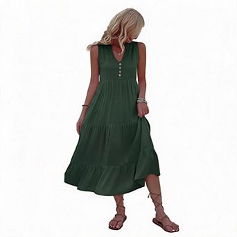 Women's Summer Maxi Dress Sleeveless V Neck Button Tiered Ruffle Flows Loose Fit Long Beach Sundress