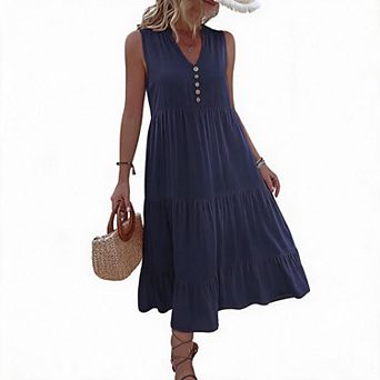 Women's Summer Maxi Dress Sleeveless V Neck Button Tiered Ruffle Flows Loose Fit Long Beach Sundress