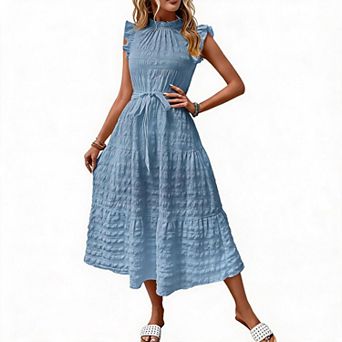 Womens Maxi Dresses Summer Textured Ruffle Trim A Line Sleeveless Beach Vacation Dress with Belt