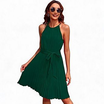 Women's Cute Midi Dress Tie Halter Neck Sleeveless Flowy Pleated A Line Beach Sundress with Belt