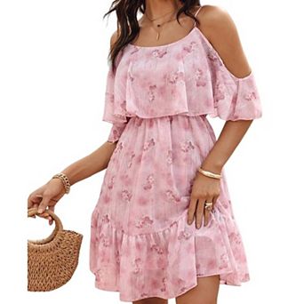 Women's Boho Mini Dress Floral Print Cold Shoulder Strap Short Sleeve Ruffle Flowy Vacation Dresses