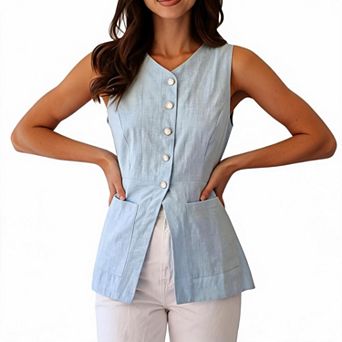 V Neck Button Front Sleeveless Waist Cinched Womens Vest For Business Office Casual Vacation Outfits