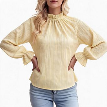 Ruffle Mock Neck Puff Long Sleeve Loose Womens Blouse For Street Office Daily Dating Outfits