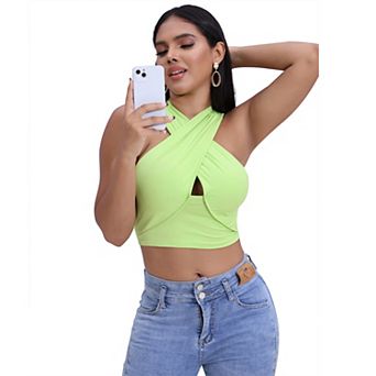 Womens Sleeveless Cross Halter Crop Top Front Keyhole Cutout Back Wrap Summer Tank Shirts