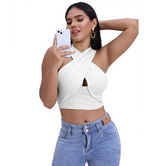 Womens Sleeveless Cross Halter Crop Top Front Keyhole Cutout Back Wrap Summer Tank Shirts