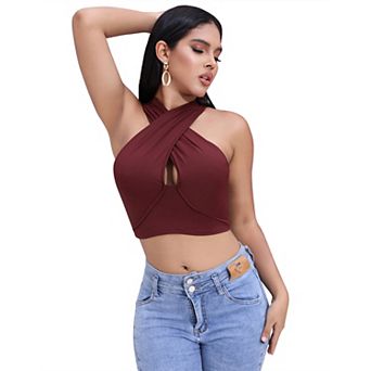 Womens Sleeveless Cross Halter Crop Top Front Keyhole Cutout Back Wrap Summer Tank Shirts