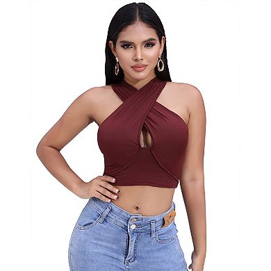 Women Halter Crop Top Front Cutout Back Wrap Sleeveless Summer Camisole