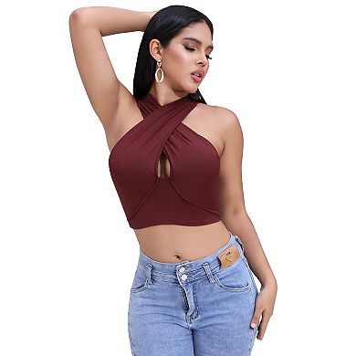 Women Halter Crop Top Front Cutout Back Wrap Sleeveless Summer Camisole