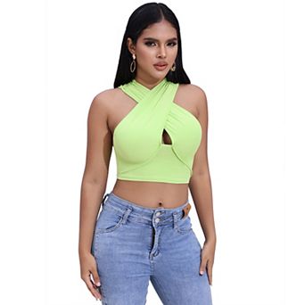 Women Halter Crop Top Front Cutout Back Wrap Sleeveless Summer Camisole
