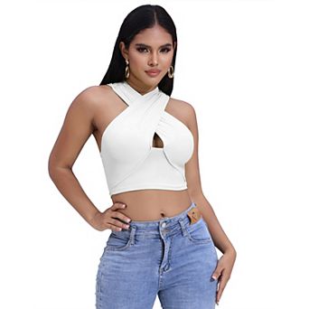 Women Halter Crop Top Front Cutout Back Wrap Sleeveless Summer Camisole