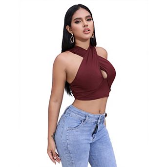 Women Halter Crop Top Front Cutout Back Wrap Sleeveless Summer Camisole