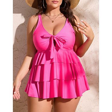 Women Plus Size Front Tie V Neck Tiered Ruffle Two Piece Tankini Swimsuit