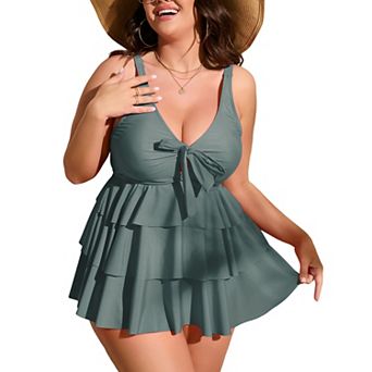Women Plus Size Front Tie V Neck Tiered Ruffle Two Piece Tankini Swimsuit