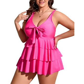 Women Plus Size Front Tie V Neck Tiered Ruffle Two Piece Tankini Swimsuit