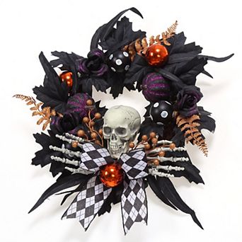 20 Inch Halloween Wreath, Gothic Skeleton Wreath with Skulls, Black Plaid Ribbon Halloween Decor