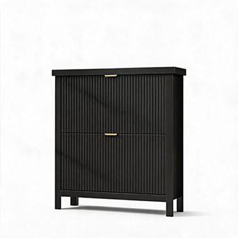 Slim Wooden Shoe Cabinet with Metal Hardware Freestanding Hidden Storage Rack for Entryway