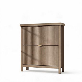 Slim Wooden Shoe Cabinet with Metal Hardware Freestanding Hidden Storage Rack for Entryway