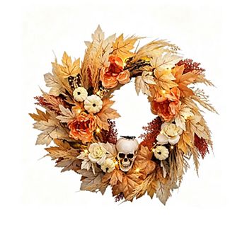 Pre-Lit 22 Inch Halloween Wreath for Front Door, Full Pumpkin Skulls Wreath Thanksgiving Decor