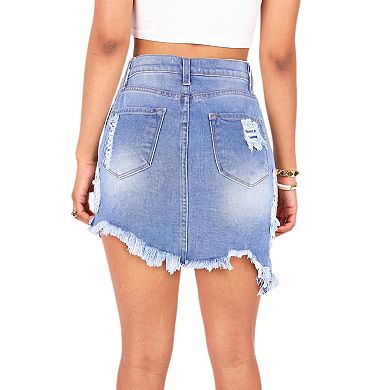 Women Distressed Button Front Ripped Jean Skirt