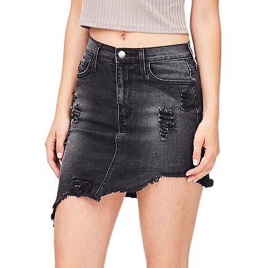 Women Distressed Button Front Ripped Jean Skirt