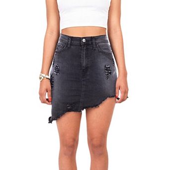 Women Distressed Button Front Ripped Jean Skirt