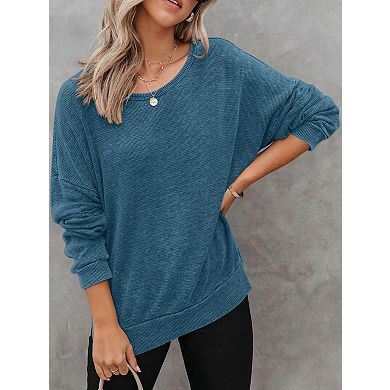 Womens Waffle Knit Crewneck Sweatshirts Long Sleeve Side Slits Casual Pullover Sweatshirt Tops