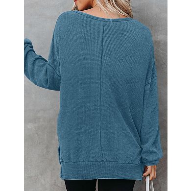 Womens Waffle Knit Crewneck Sweatshirts Long Sleeve Side Slits Casual Pullover Sweatshirt Tops
