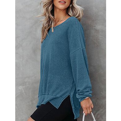 Womens Waffle Knit Crewneck Sweatshirts Long Sleeve Side Slits Casual Pullover Sweatshirt Tops