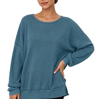 Womens Waffle Knit Crewneck Sweatshirts Long Sleeve Side Slits Casual Pullover Sweatshirt Tops