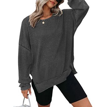 Womens Waffle Knit Crewneck Sweatshirts Long Sleeve Side Slits Casual Pullover Sweatshirt Tops