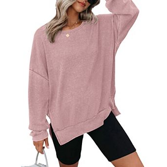 Womens Waffle Knit Crewneck Sweatshirts Long Sleeve Side Slits Casual Pullover Sweatshirt Tops