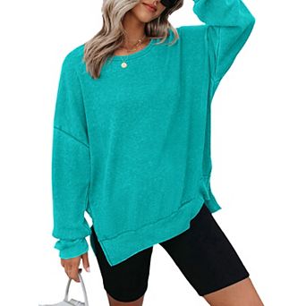 Womens Waffle Knit Crewneck Sweatshirts Long Sleeve Side Slits Casual Pullover Sweatshirt Tops