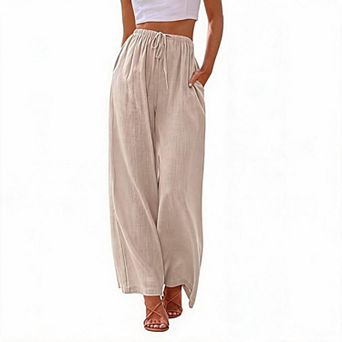 Womens Wide Leg Pants Linen Drawstring Elastic Waist Flowy Casual Baggy Palazzo Trousers with Pocket