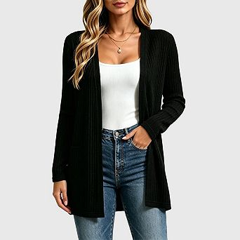 Women's Open Front Long Cardigans Casual Lightweight Knit Long Sleeve Loose Cardigan with Pockets