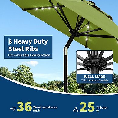 10FT Olive Green Rectangular Solar LED Patio Umbrella 6 Ribs Adjustable Tilt