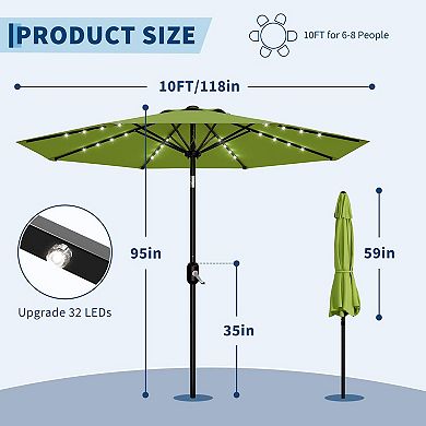 10FT Olive Green Rectangular Solar LED Patio Umbrella 6 Ribs Adjustable Tilt